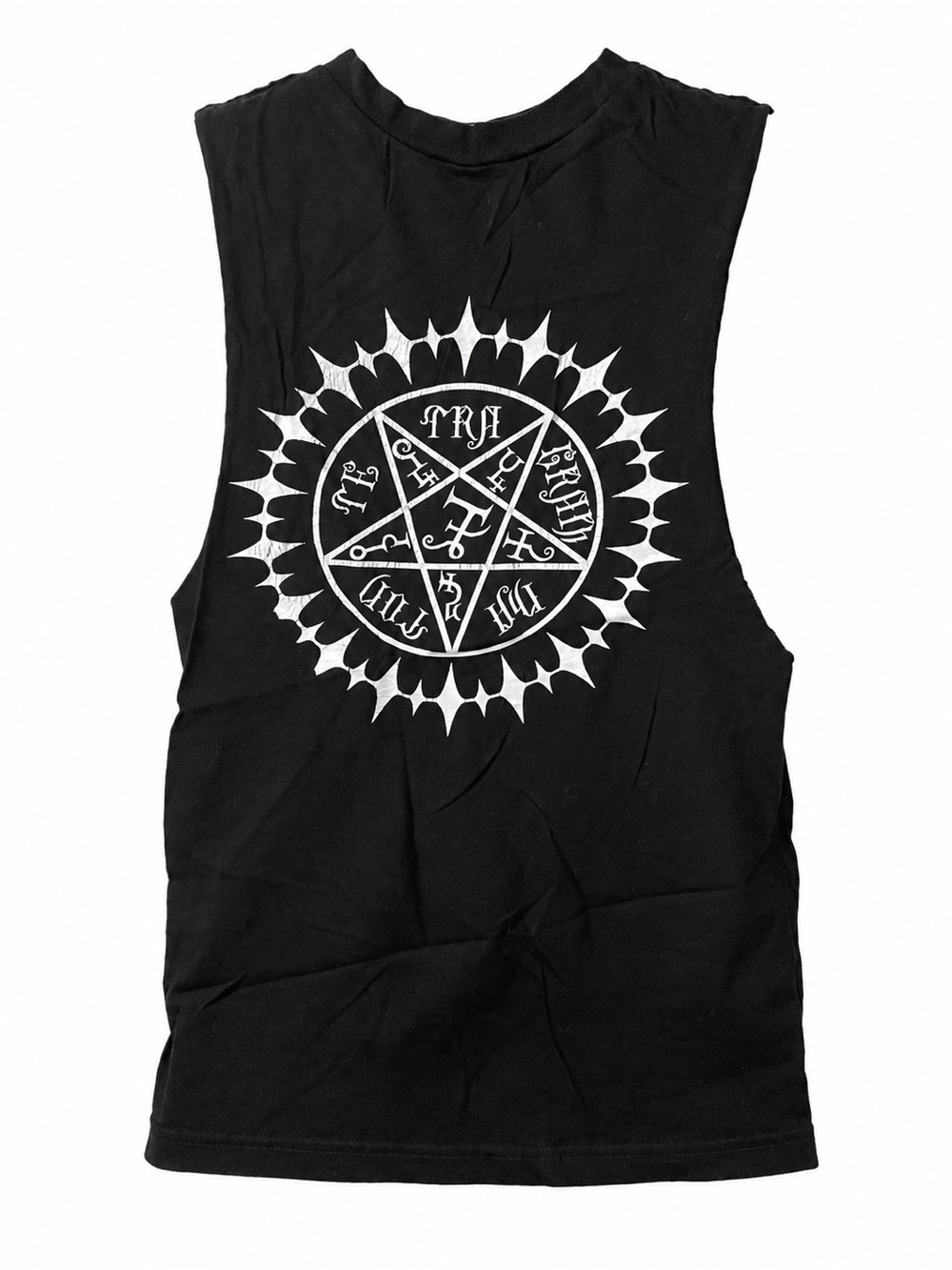 Black Graphic Muscle Tee with White Pentagram Sun Print
